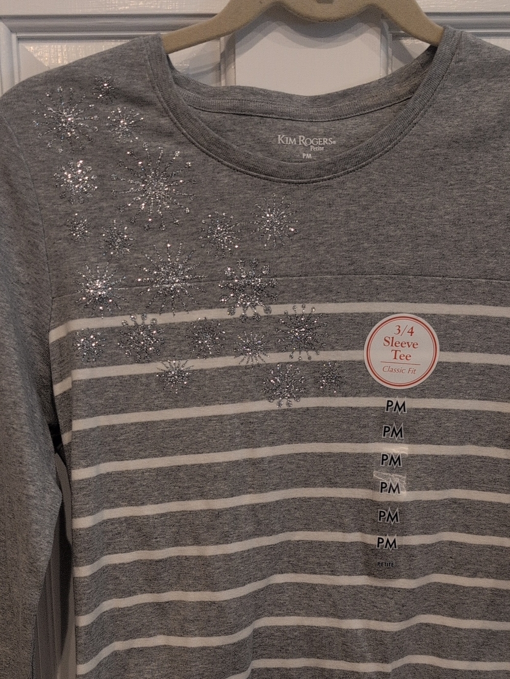 Kim Rogers Gray Striped 3/4 Sleeve Tee with Sparkle Snowflake Detail